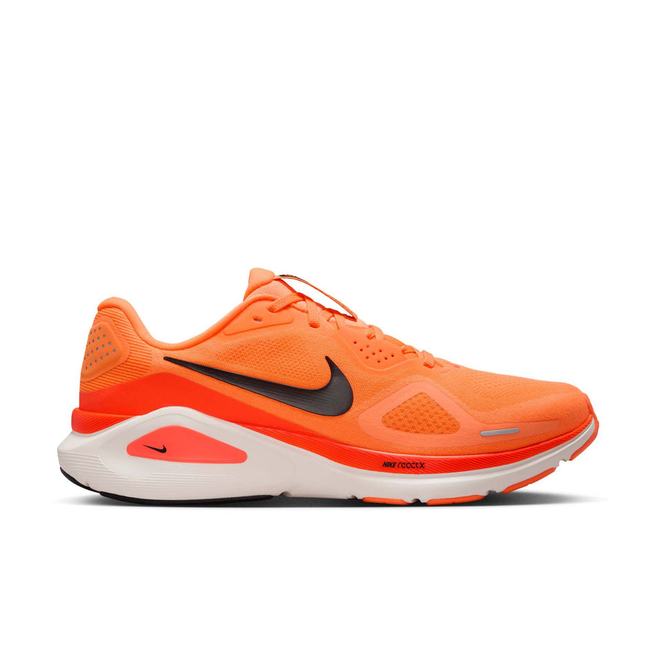 Lateral view of the right shoe from a pair of Nike Men's Structure 26 Road Running Shoes in the Total Orange/Black-Total Crimson Chalk colourway. (8723638255778)