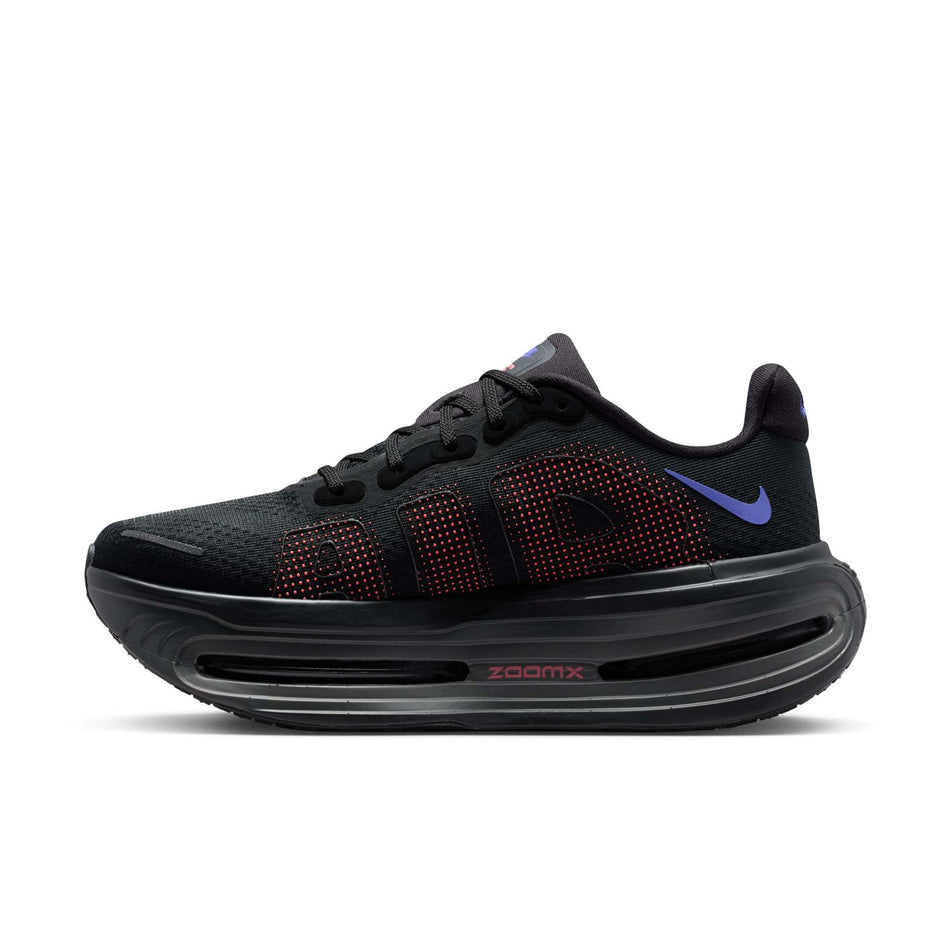 Medial view of the right shoe from a pair of Nike Women's Vomero Premium Road Running Shoes in the Black/Sapphire-Hot Lava-Anthracite colourway.