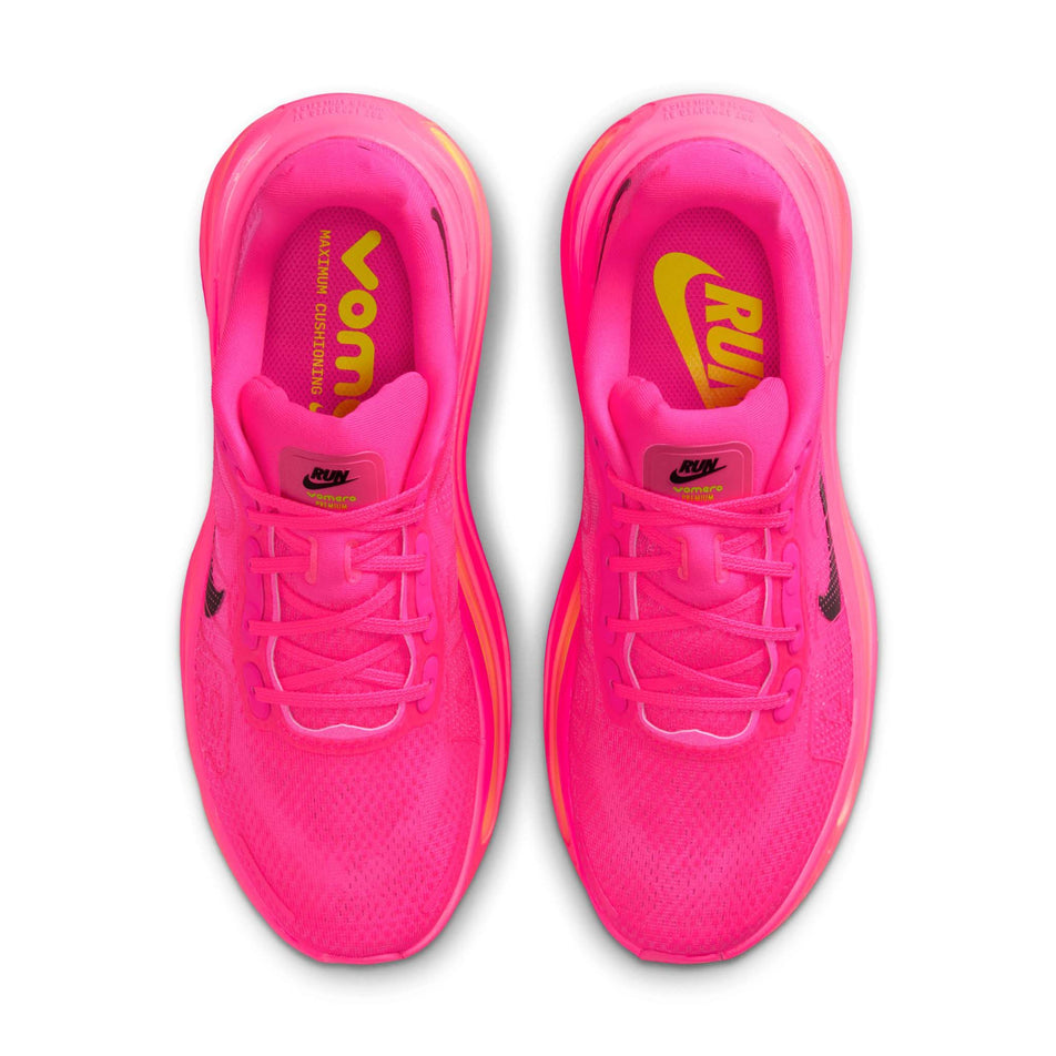 The uppers of a pair of Nike Women's Vomero Premium Running Shoes in the Hyper Pink/Black-Digital Pink-Volt colourway.