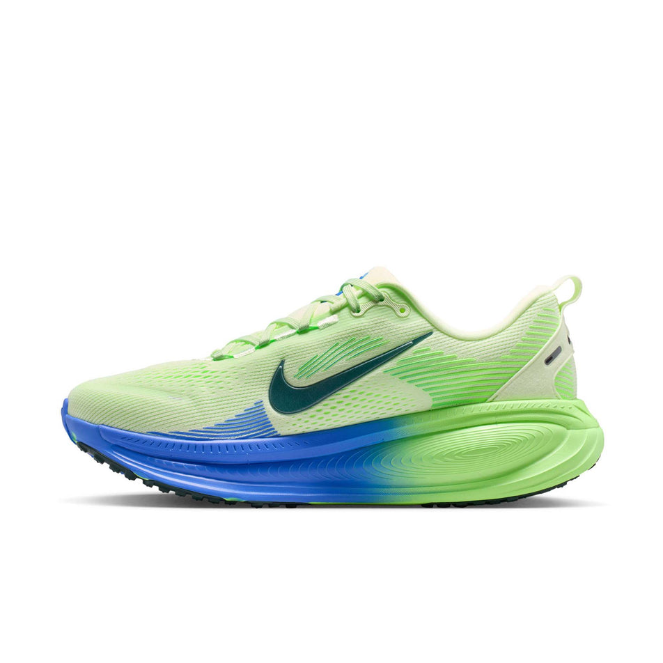Medial view of the right shoe from a pair of Nike Men's Vomero 18 Road Running Shoes in the White/Black Spruce-Volt Tint-Sapphire colourway.