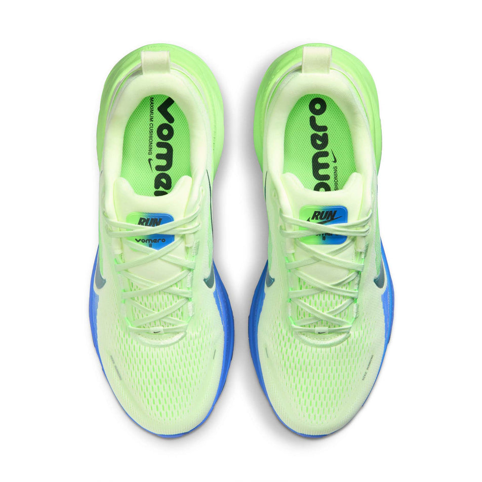 The uppers of a pair of Nike Men's Vomero 18 Road Running Shoes in the White/Black Spruce-Volt Tint-Sapphire colourway.
