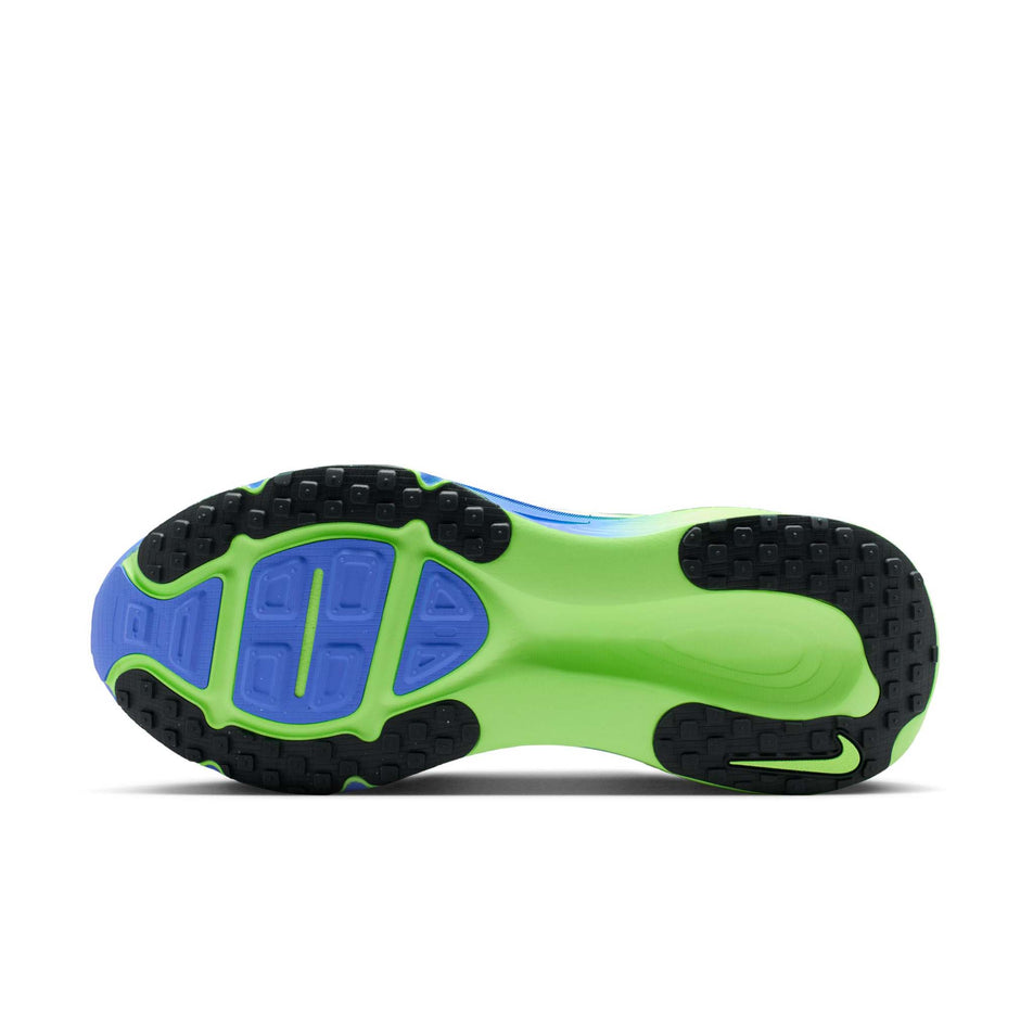 The outsole of the left shoe from a pair of Nike Men's Vomero 18 Road Running Shoes in the White/Black Spruce-Volt Tint-Sapphire colourway.