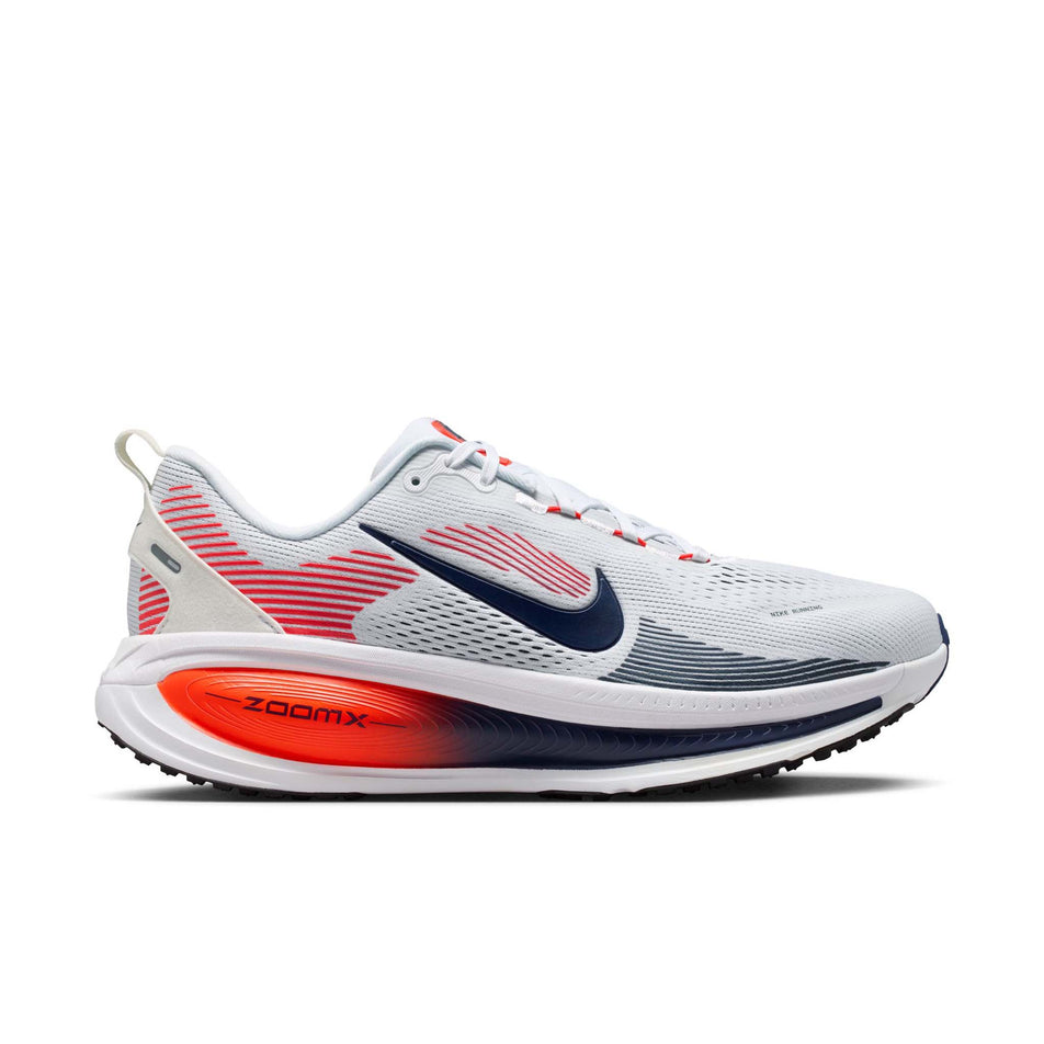 Lateral view of the right shoe from a pair of Nike Men's Vomero 18 Road Running Shoes in the White/Midnight Navy-Bright Crimson-Black colourway.