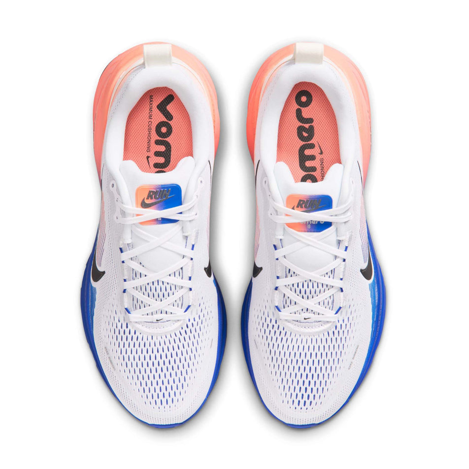 The uppers of a pair of Nike Men's Vomero 18 Road Running Shoes in the White/Black-Racer Blue-Atomic Pink colourway.