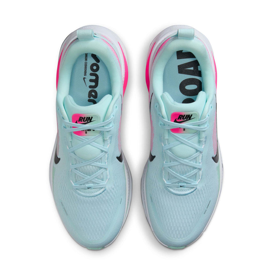 The uppers of a pair of Nike Men's Vomero 18 Road Running Shoes in the Glacier Blue/Black-White-Hyper Pink colourway.  (8684580896930)