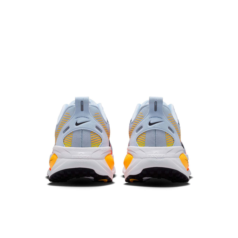 The back of a pair of Nike Men's Vomero 18 Road Running Shoes in the Hydrogen Blue/Black-Laser Orange colourway.