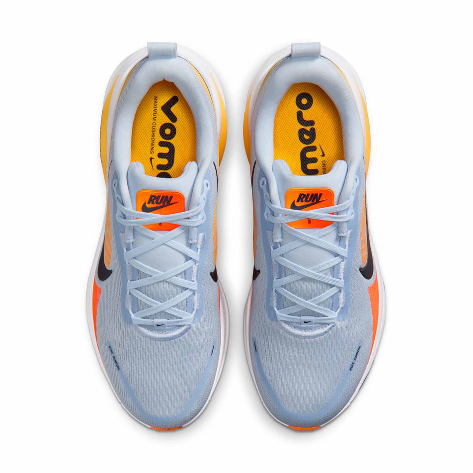 The uppers of a pair of Nike Men's Vomero 18 Road Running Shoes in the Hydrogen Blue/Black-Laser Orange colourway.