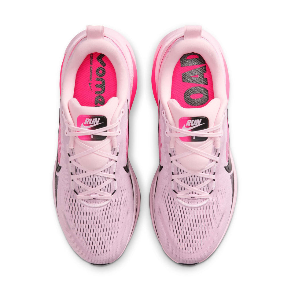 The uppers of a pair of Nike Men's Vomero 18 Road Running Shoes in the Pink Foam/Black-Hyper Pink colourway.