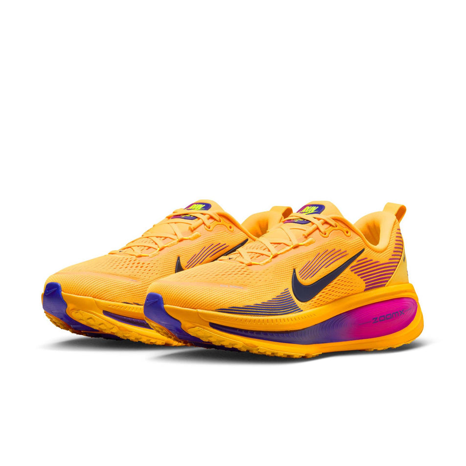A pair of Nike Men's Vomero 18 Road Running Shoes in the Citron Pulse/Blue Void-laser Orange colourway.