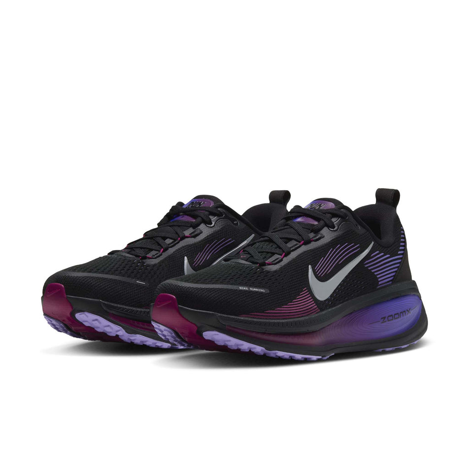 A pair of Nike Women's Vomero 18 Road Running Shoes in the Black/Metallic Silver-Persian Violet colourway.