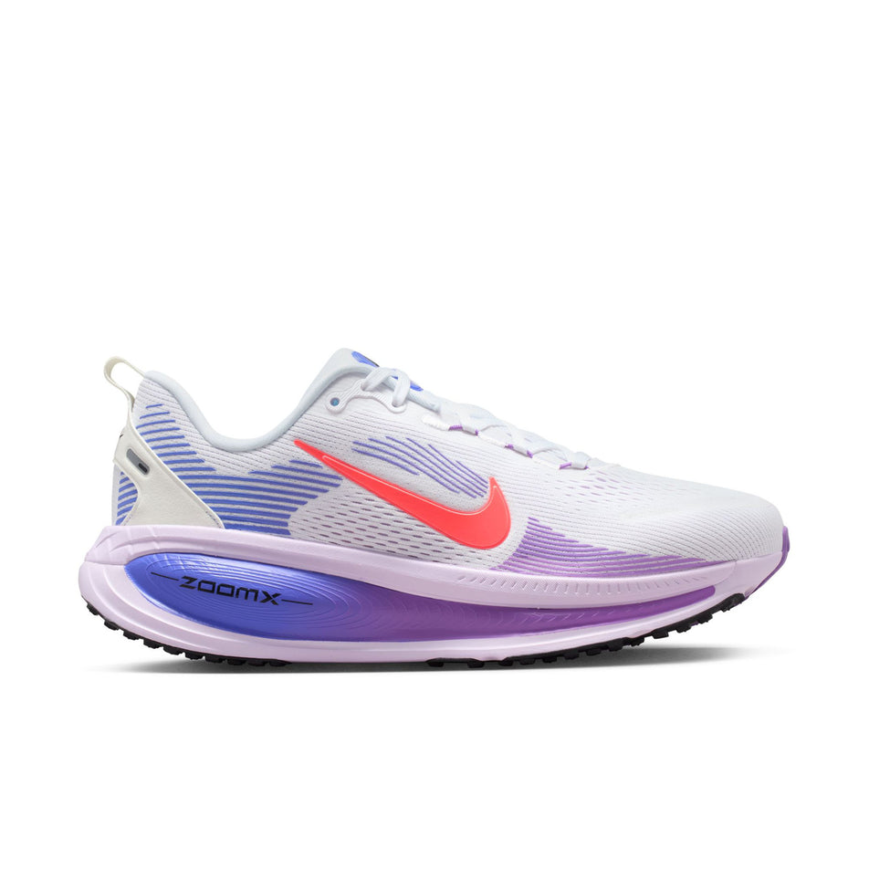 Lateral view of the right shoe from a pair of Nike Women's Vomero 18 Road Running Shoes in the White/Hot Lava-Violet Mist-Sapphire colourway.