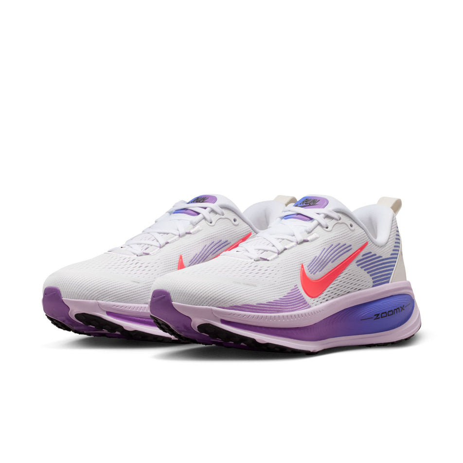 A pair of Nike Women's Vomero 18 Road Running Shoes in the White/Hot Lava-Violet Mist-Sapphire colourway.