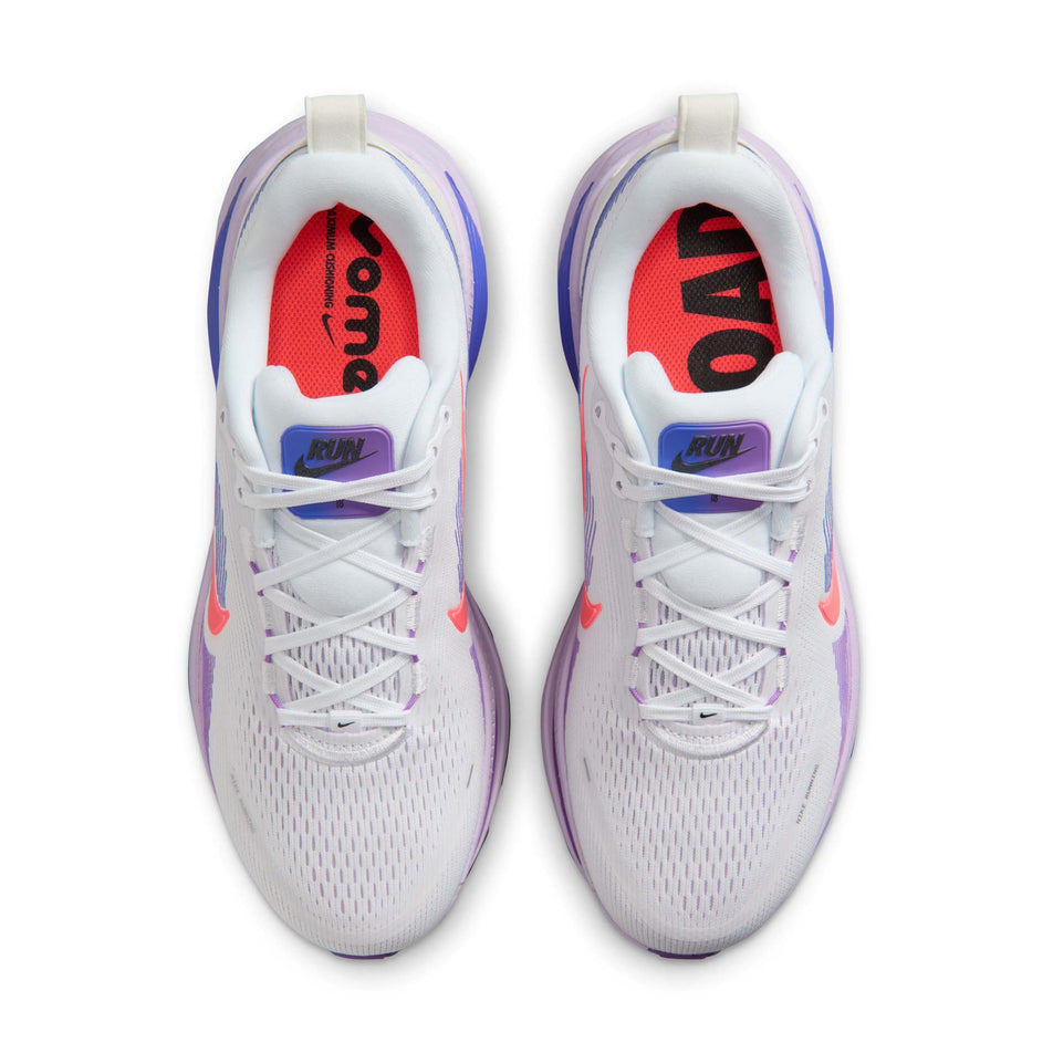 The uppers of a pair of Nike Women's Vomero 18 Road Running Shoes in the White/Hot Lava-Violet Mist-Sapphire colourway.