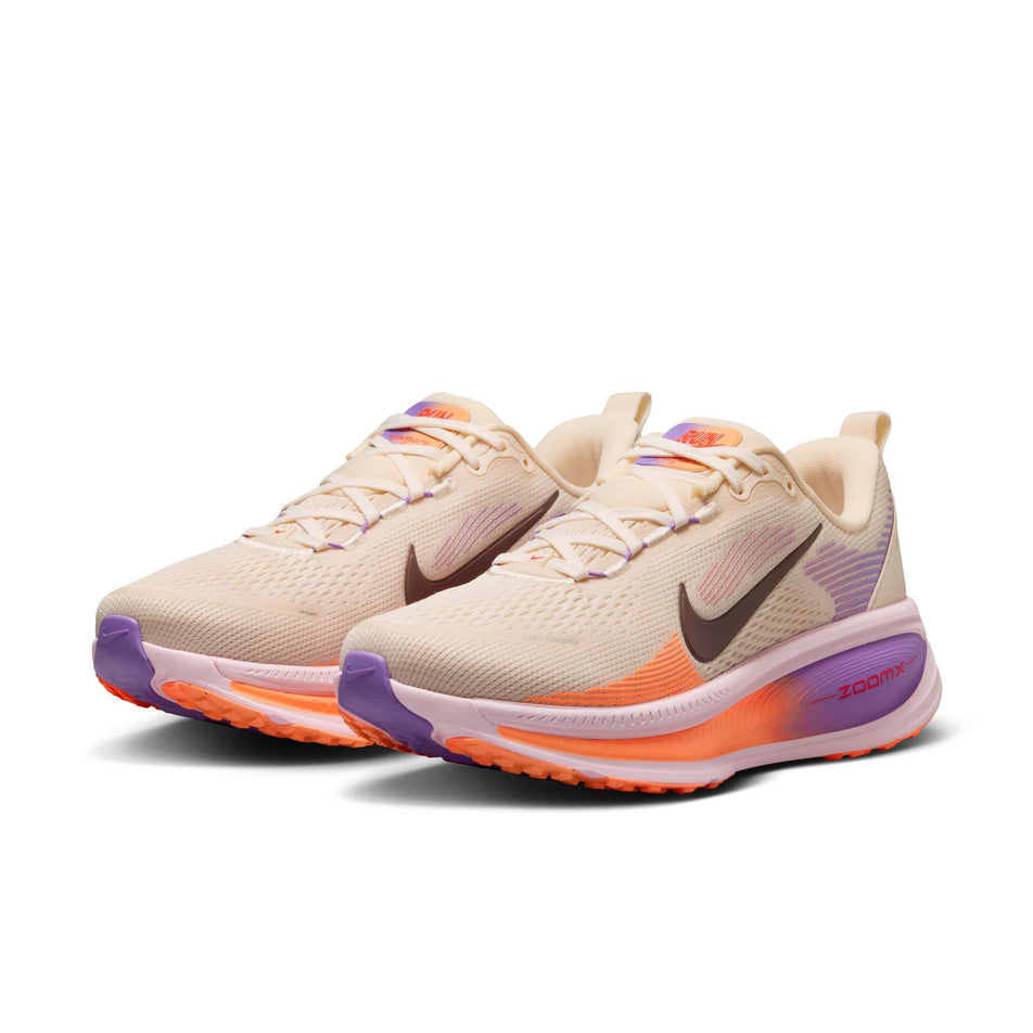 A pair of Nike Women's Vomero 18 Road Running Shoes in the Chalk/Tattoo-Pink Foam-Bright Violet colourway.