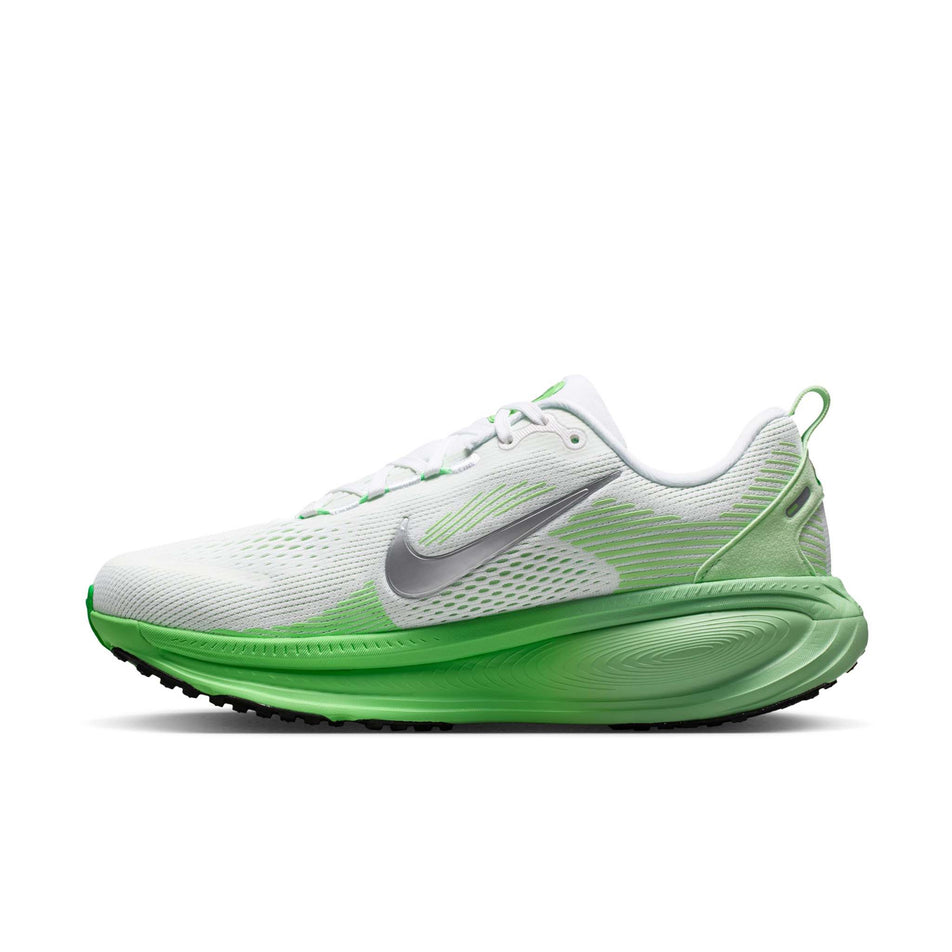 Medial view of the right shoe from a pair of Nike Women's Vomero 18 Road Running Shoes in the White/Metallic Silver-Illusion Green colourway.