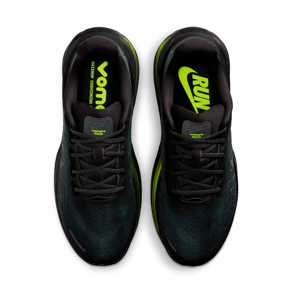 The uppers of a pair of Nike Men's Vomero Premium Running Shoes in the Black/Iron Grey-Anthracite-Volt colourway.