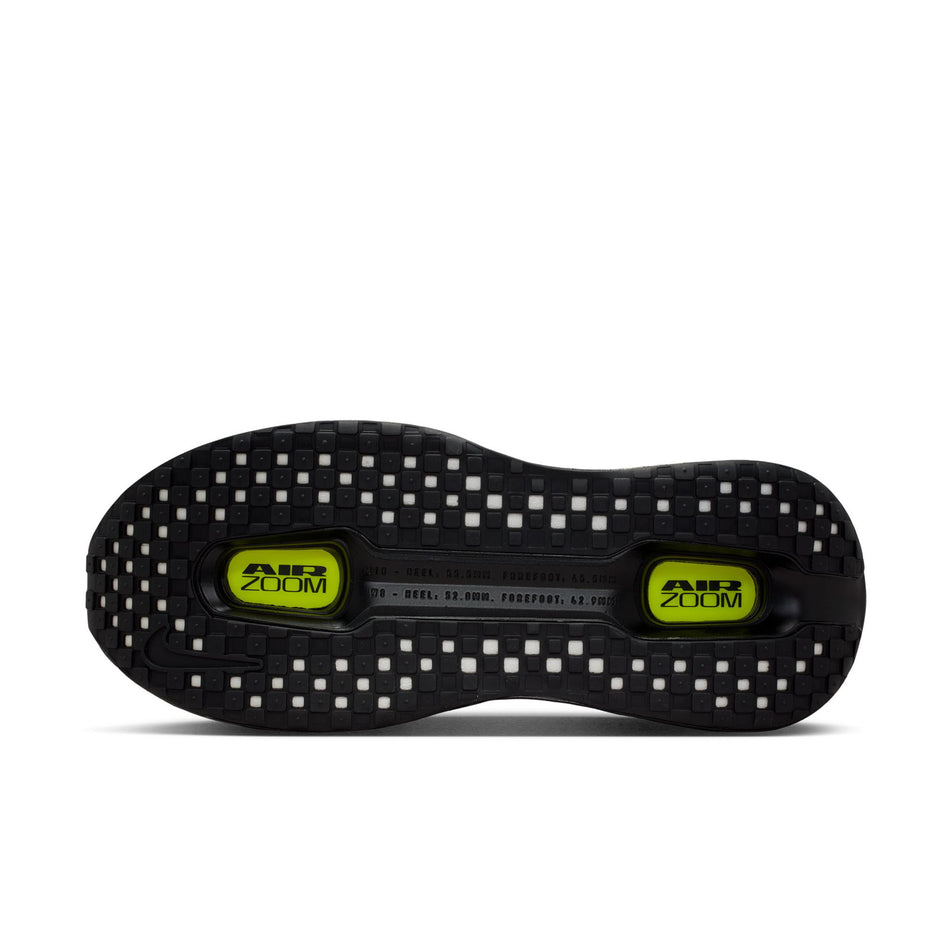 The outsole of the left shoe from a pair of Nike Men's Vomero Premium Running Shoes in the Black/Iron Grey-Anthracite-Volt colourway.
