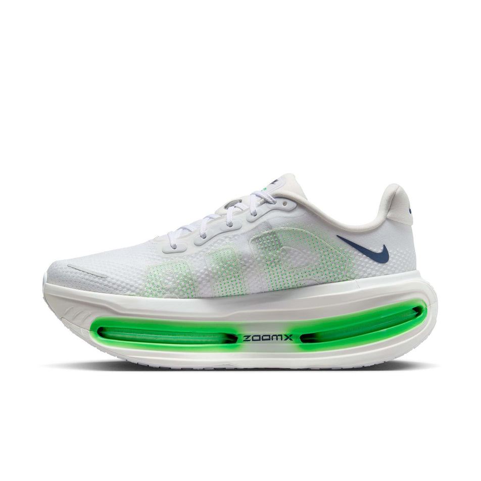 Medial view of the right shoe from a pair of Nike Men's Vomero Premium Road Running Shoes in the White/Midnight Navy-Green Spark colourway.