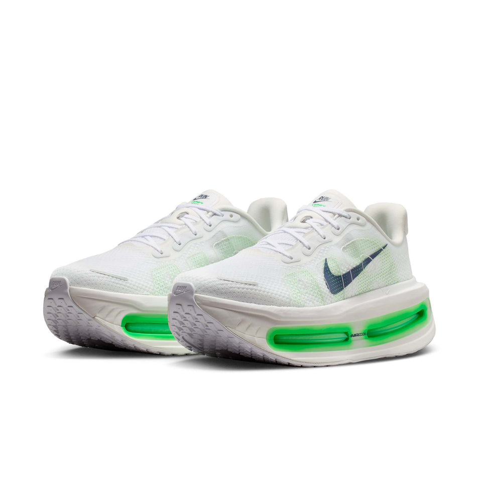 A pair of Nike Men's Vomero Premium Road Running Shoes in the White/Midnight Navy-Green Spark colourway.
