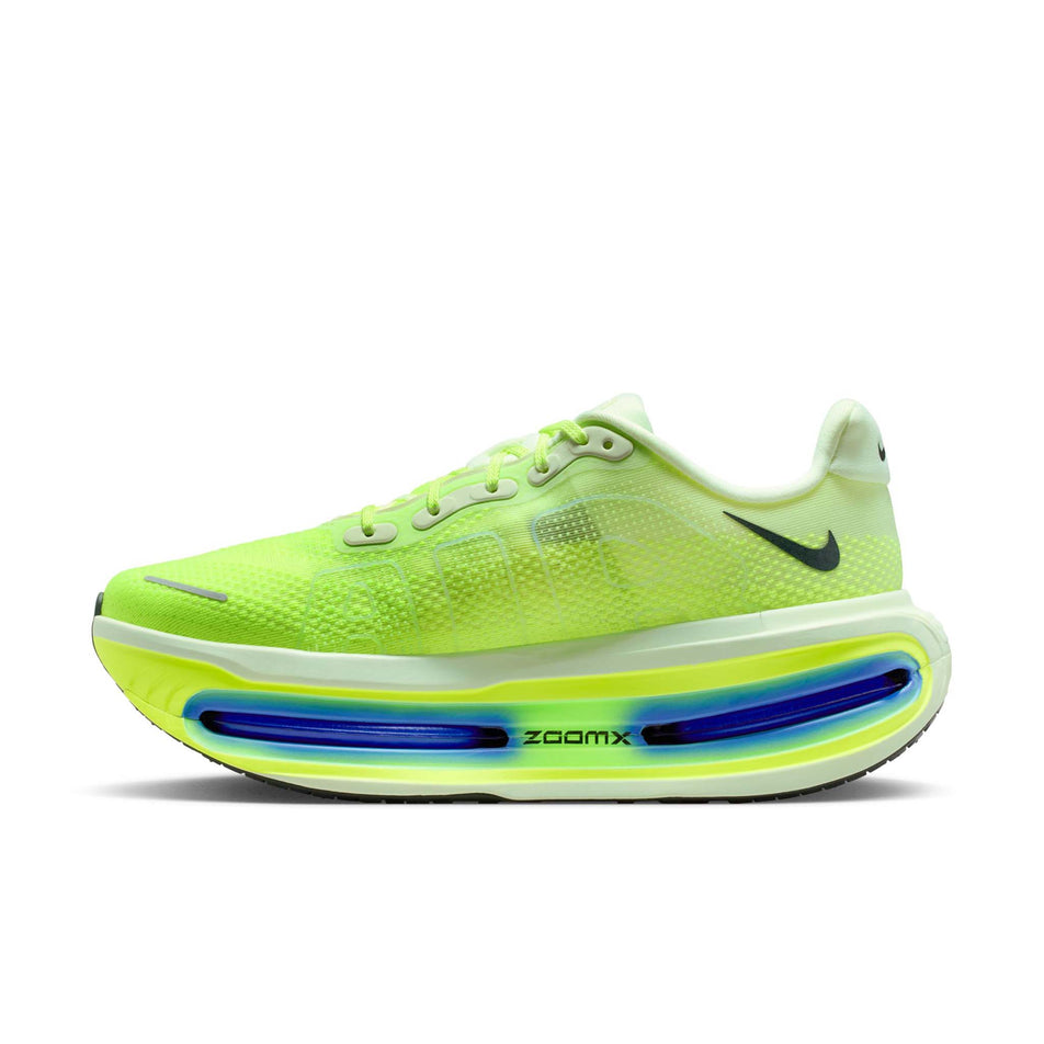 Medial view of the right shoe from a pair of Nike Men's Vomero Premium Road Running Shoes in the Volt Tint/Black Spruce-Sapphire-Volt colourway.