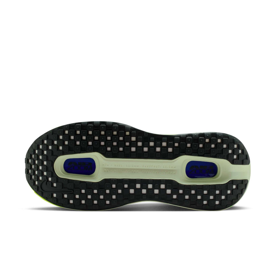 The outsole of the left shoe from a pair of Nike Men's Vomero Premium Road Running Shoes in the Volt Tint/Black Spruce-Sapphire-Volt colourway.