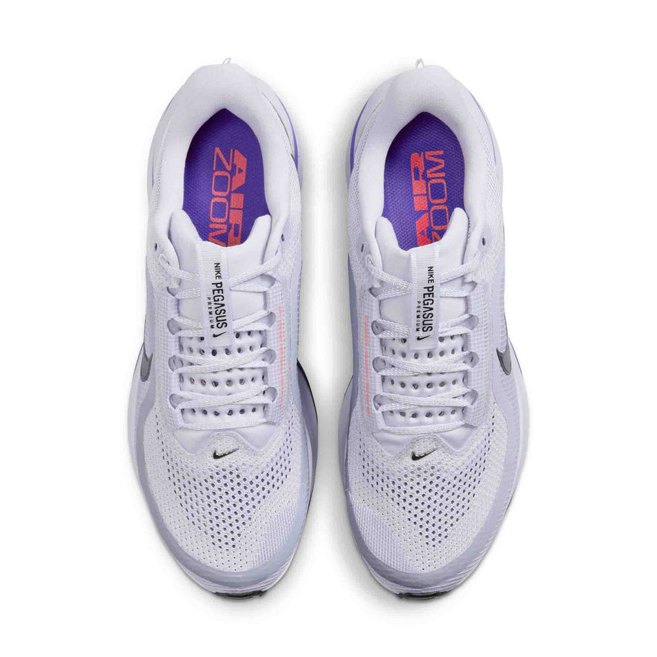 The uppers on a pair of Nike Men's Pegasus Premium Road Running Shoes in the Ghost/Black-Persian Violet colourway. (8614448922786)