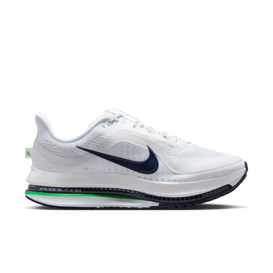 Lateral view of the right shoe from a pair of Nike Men's Pegasus Premium Road Running Shoes in the White/Green Spark-Midnight Navy colourway.