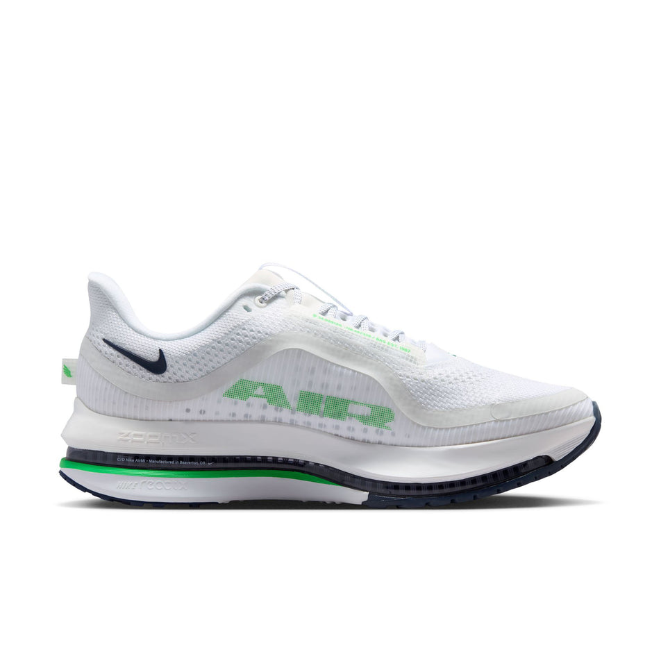 Medial view of the left shoe from a pair of Nike Men's Pegasus Premium Road Running Shoes in the White/Green Spark-Midnight Navy colourway.