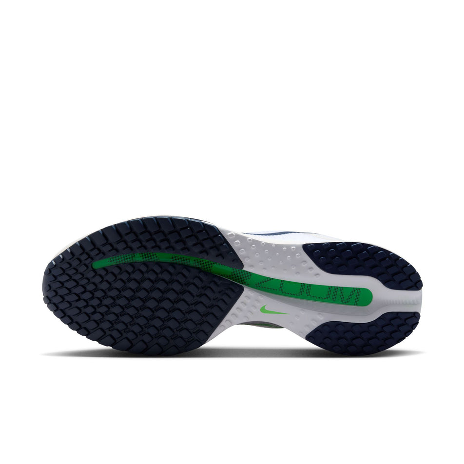 The outsole of the left shoe from a pair of Nike Men's Pegasus Premium Road Running Shoes in the White/Green Spark-Midnight Navy colourway.