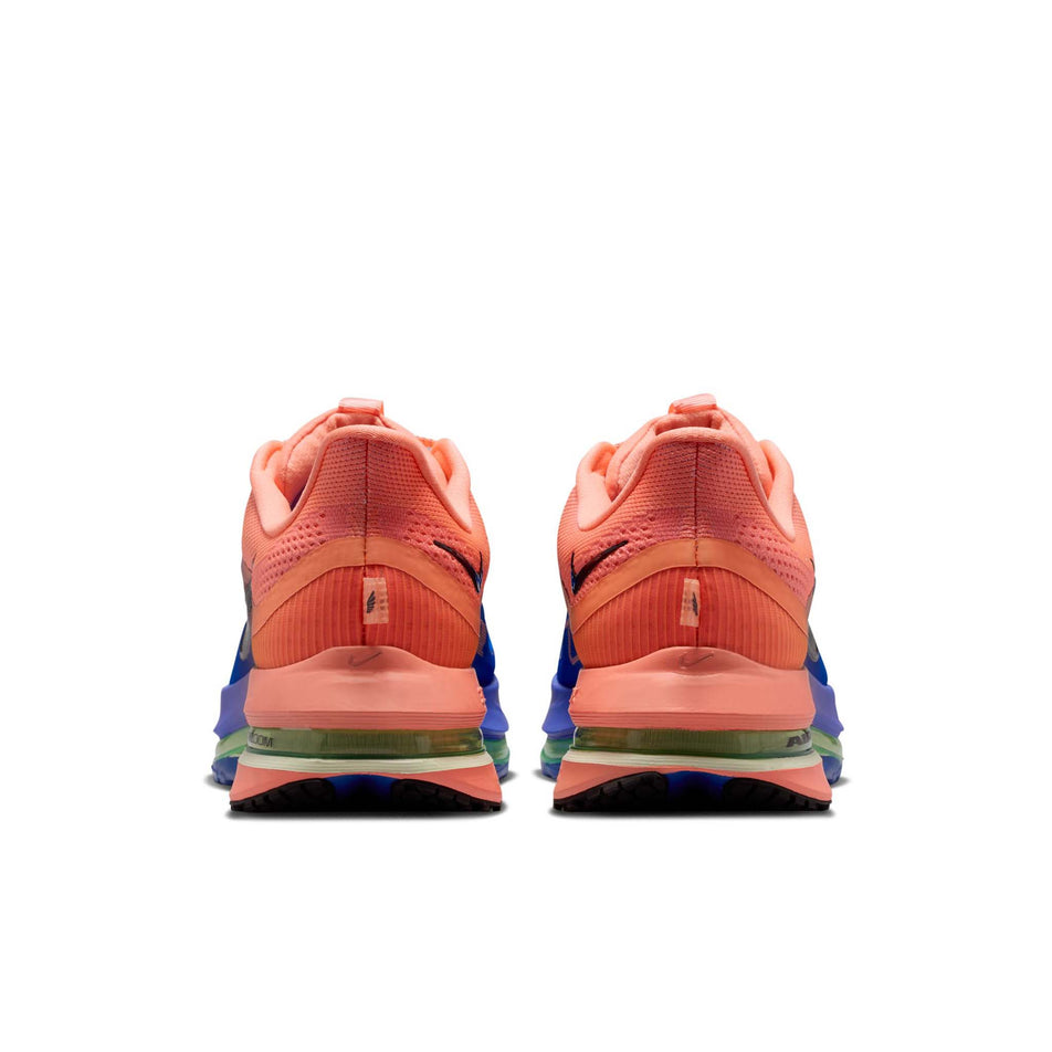 The back of a pair of Nike Men's Pegasus Premium Road Running Shoes in the Racer Blue/Black-Atomic Pink-Volt Tint colourway.