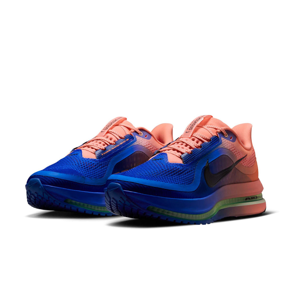 A pair of Nike Men's Pegasus Premium Road Running Shoes in the Racer Blue/Black-Atomic Pink-Volt Tint colourway.