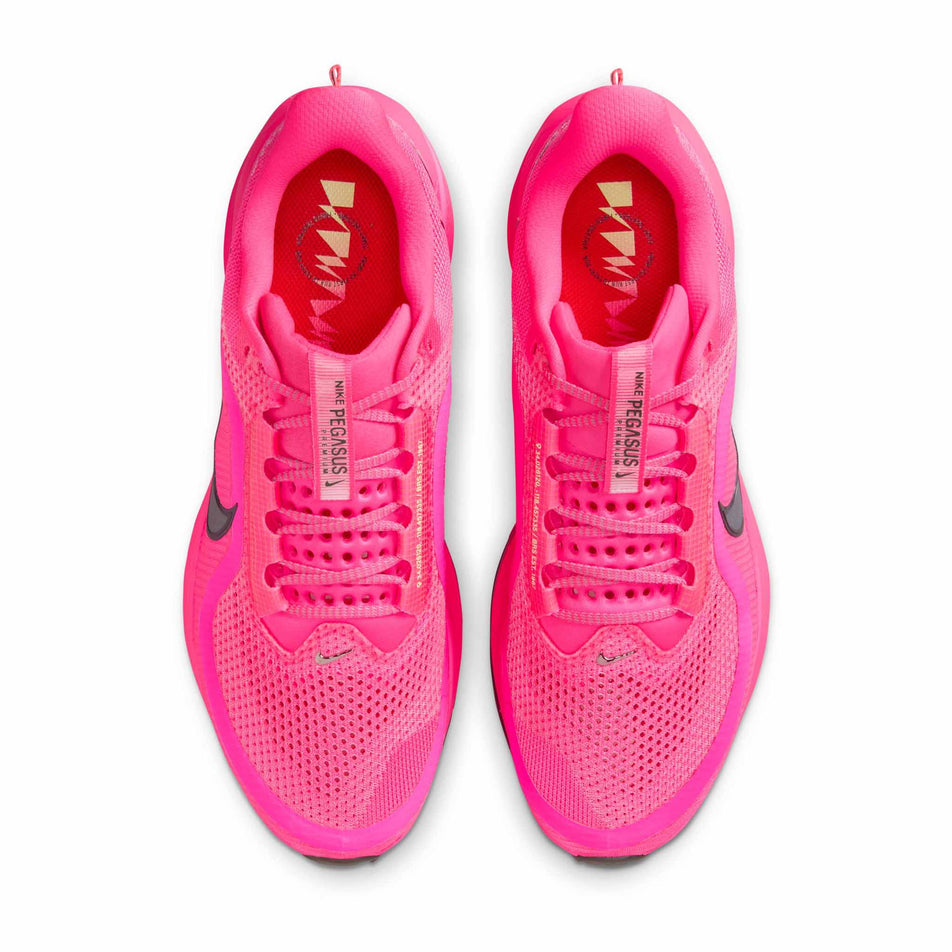 The uppers on a pair of Nike Men's Pegasus Premium Road Running Shoes in the Hyper Pink/Sequoia-Bright Crimson colourway. (8636656582818)