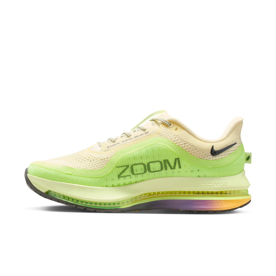 Medial view of the right shoe from a pair of Nike Men's Pegasus Premium Road Running Shoes in the Alabaster/Black-Barely Volt-Volt Ice colourway.