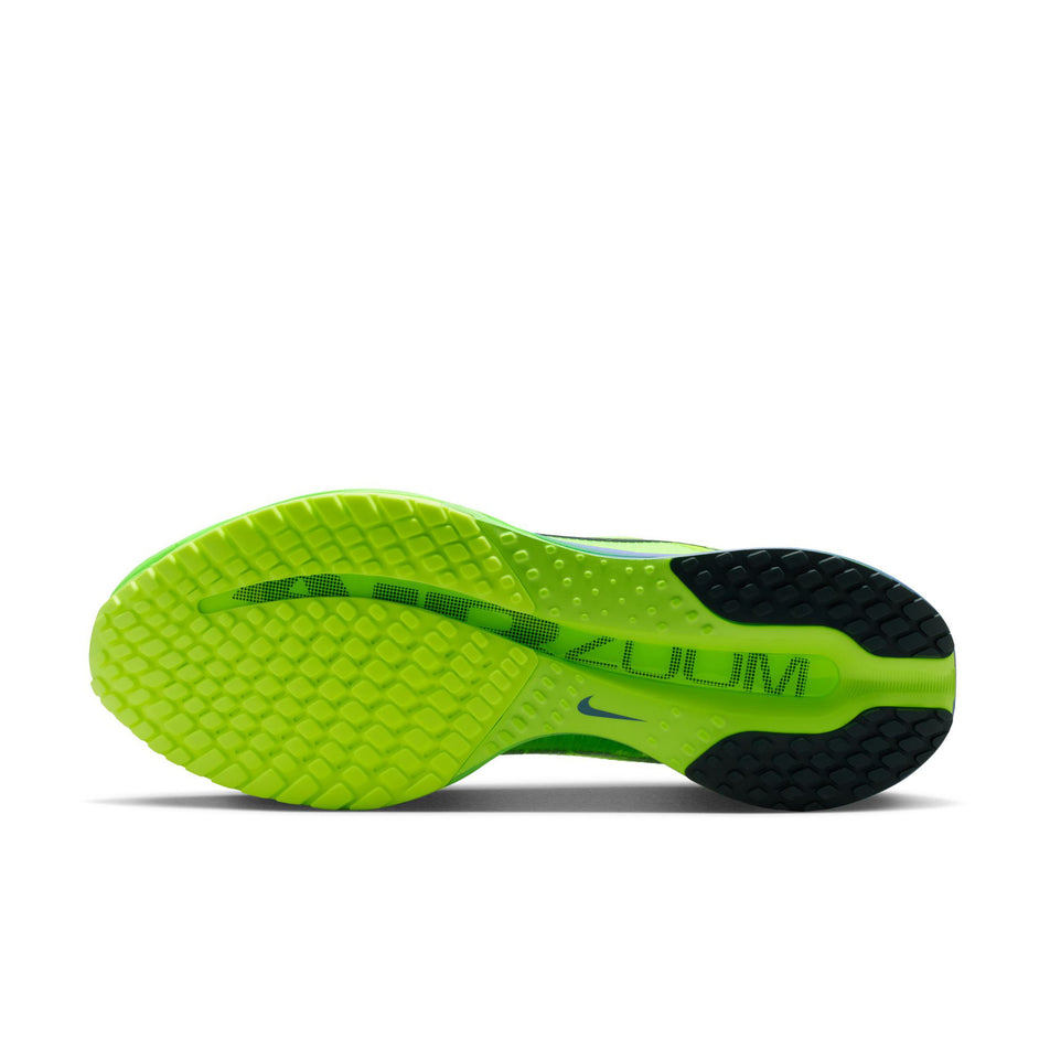 The outsole of the left shoe from a pair of Nike Men's Pegasus Premium Road Running Shoes in the Volt Ice/Black Spruce-Lime Blast colourway.