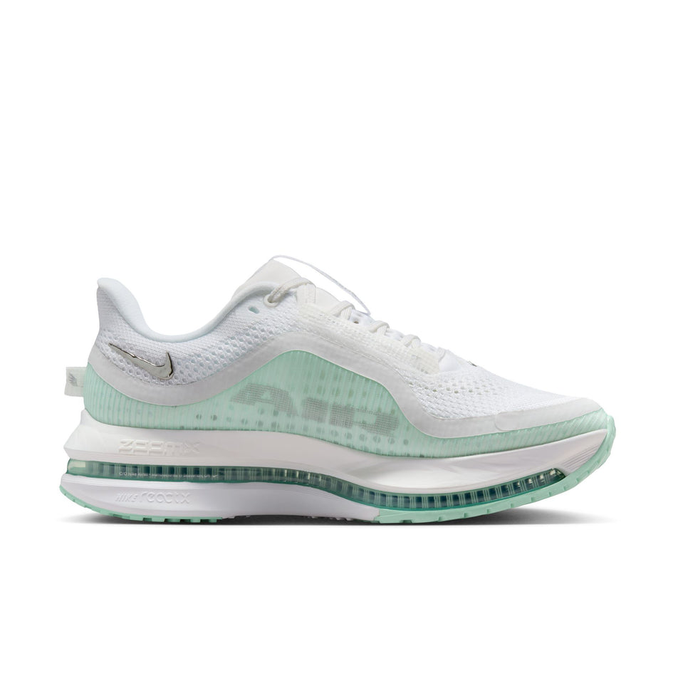 Medial view of the left shoe from a pair of Nike Women's Pegasus Premium Road Running Shoes in the White/Metallic Silver-Mint Foam-Cannon colourway. (8684688933026)