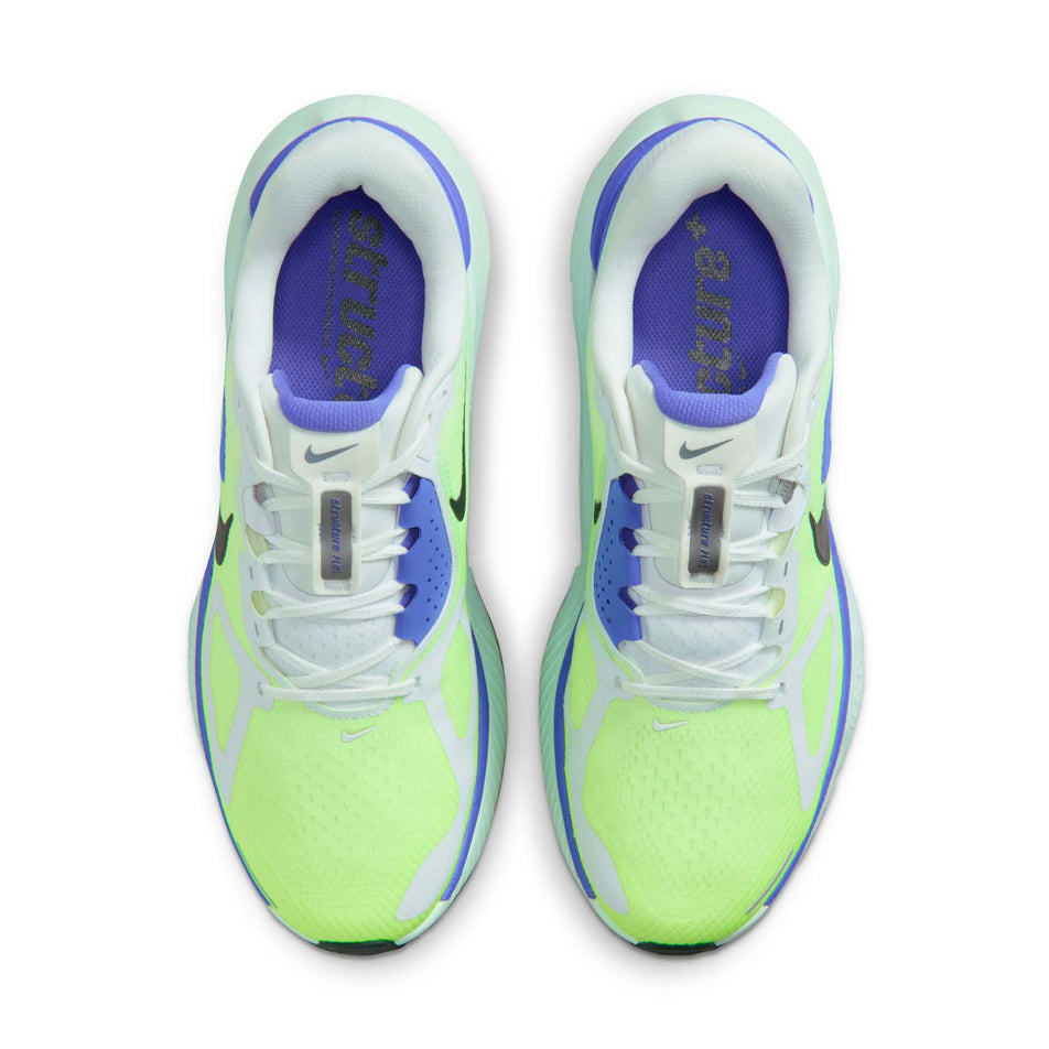 The uppers of a pair of Nike Men's Structure Plus Road Running Shoes in the White/Black Spruce-Volt Ice-Barely Green colourway.