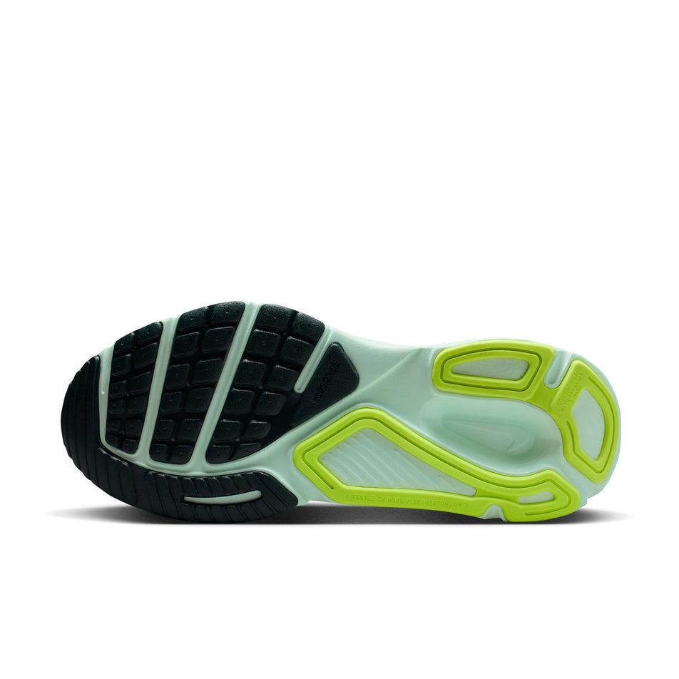 The outsole of the left shoe from a pair of Nike Men's Structure Plus Road Running Shoes in the White/Black Spruce-Volt Ice-Barely Green colourway.