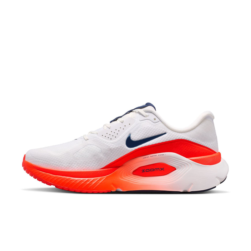 Medial view of the right shoe from a pair of Nike Men's Structure Plus Road Running Shoes in the White/Midnight Navy-Bright Crimson colourway.