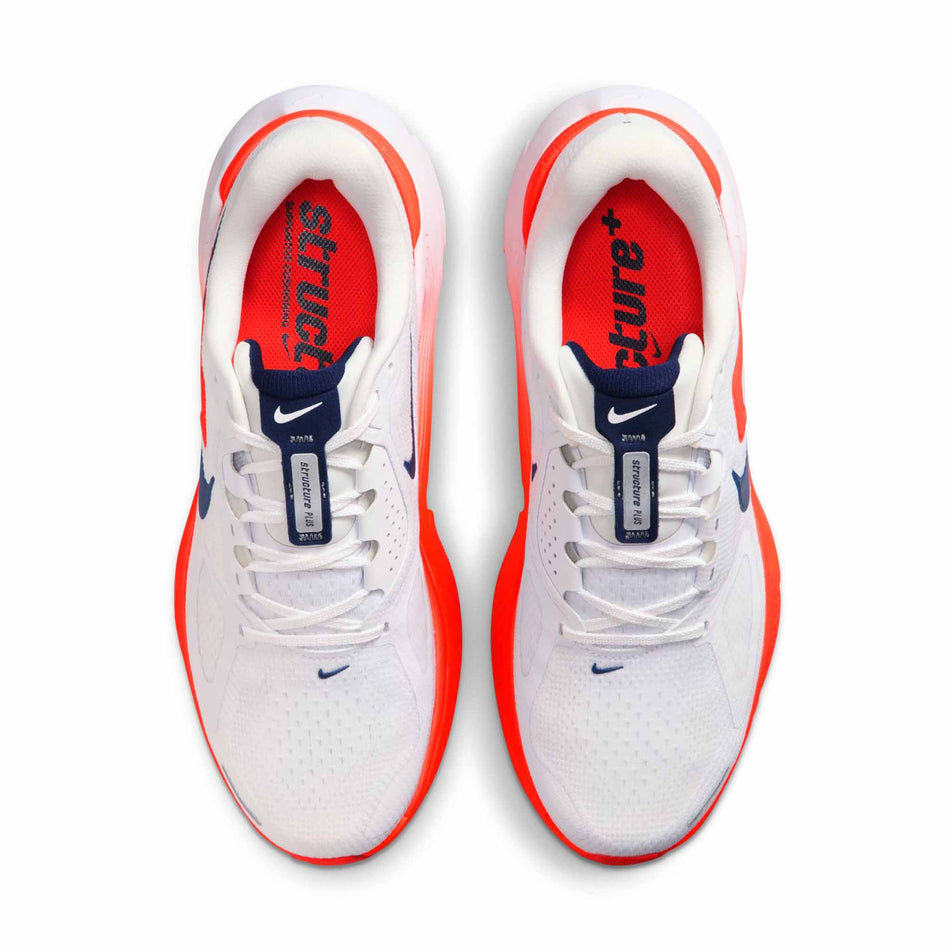 The uppers of a pair of Nike Men's Structure Plus Road Running Shoes in the White/Midnight Navy-Bright Crimson colourway.