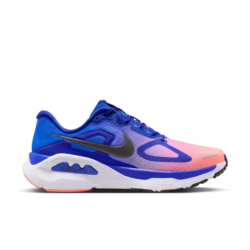 Lateral view of the right shoe from a pair of Nike Men's Structure Plus Road Running Shoes in the Racer Blue/Black-Atomic Pink-White colourway.