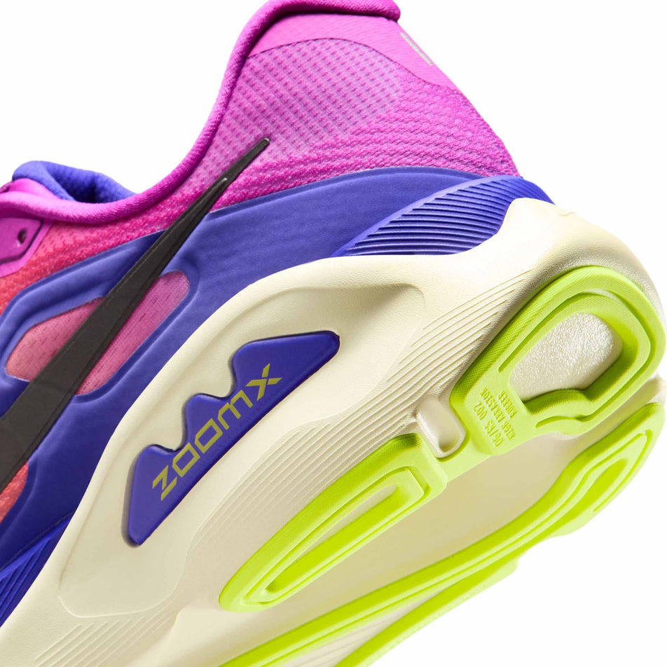 Close-up view of the rearfoot section of the left shoe from a pair of Nike Men's Structure Plus Road Running Shoes in the Hyper Violet/Black-Citron Pulse colourway.