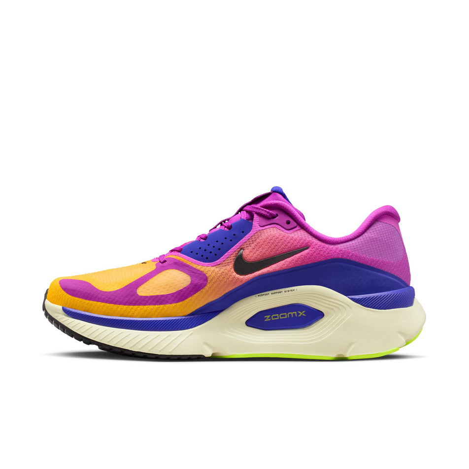 Medial view of the right shoe from a pair of Nike Men's Structure Plus Road Running Shoes in the Hyper Violet/Black-Citron Pulse colourway.