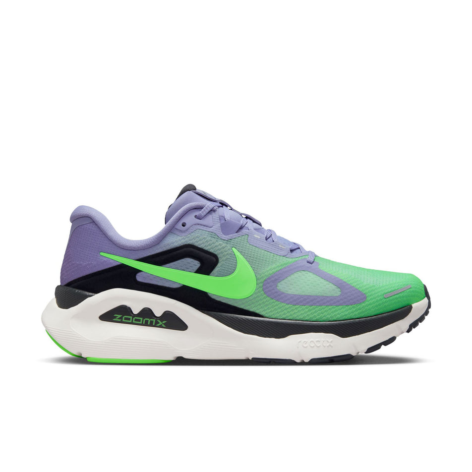 Lateral view of the right shoe from a pair of Nike Men's Structure Plus Road Running Shoes in the Iron Purple/Voltage Green-Off Noir-Sail colourway.