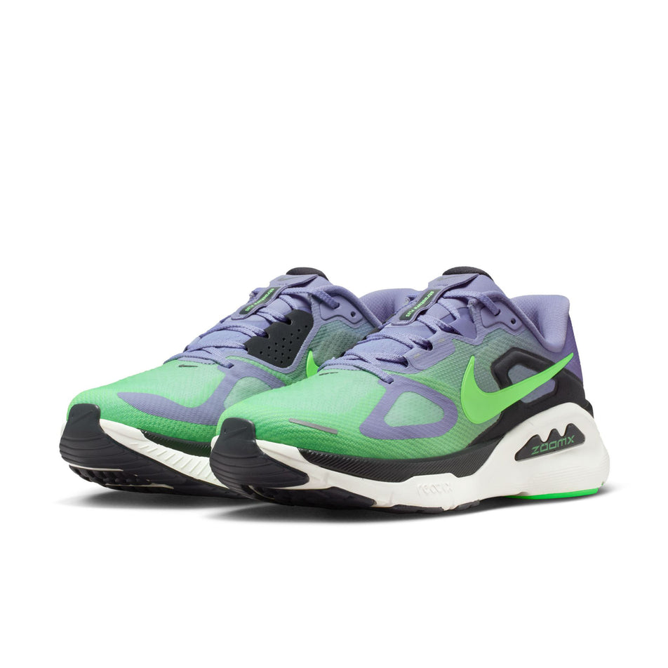 A pair of Nike Men's Structure Plus Road Running Shoes in the Iron Purple/Voltage Green-Off Noir-Sail colourway.