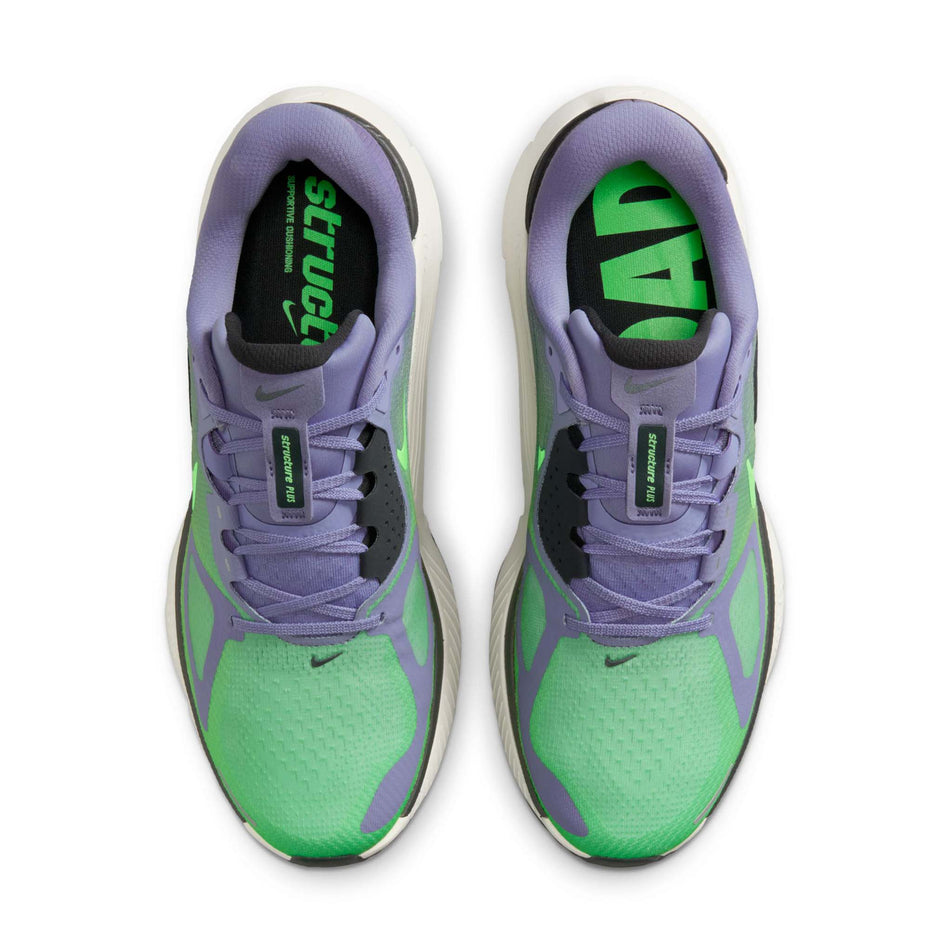 The uppers of a pair of Nike Men's Structure Plus Road Running Shoes in the Iron Purple/Voltage Green-Off Noir-Sail colourway.