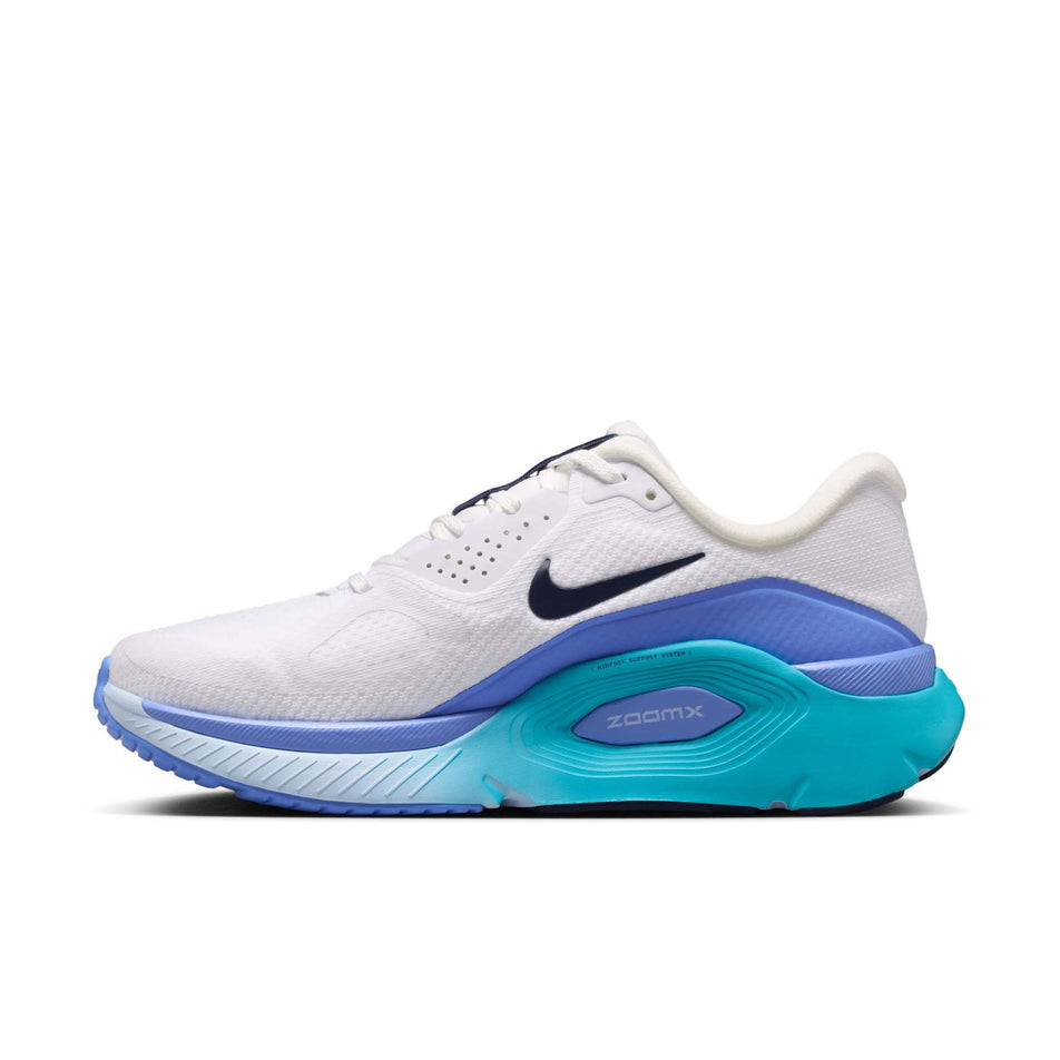 Medial view of the right shoe from a pair of Nike Women's Structure Plus Road Running Shoes in the White/Midnight Navy-Royal Pulse colourway.
