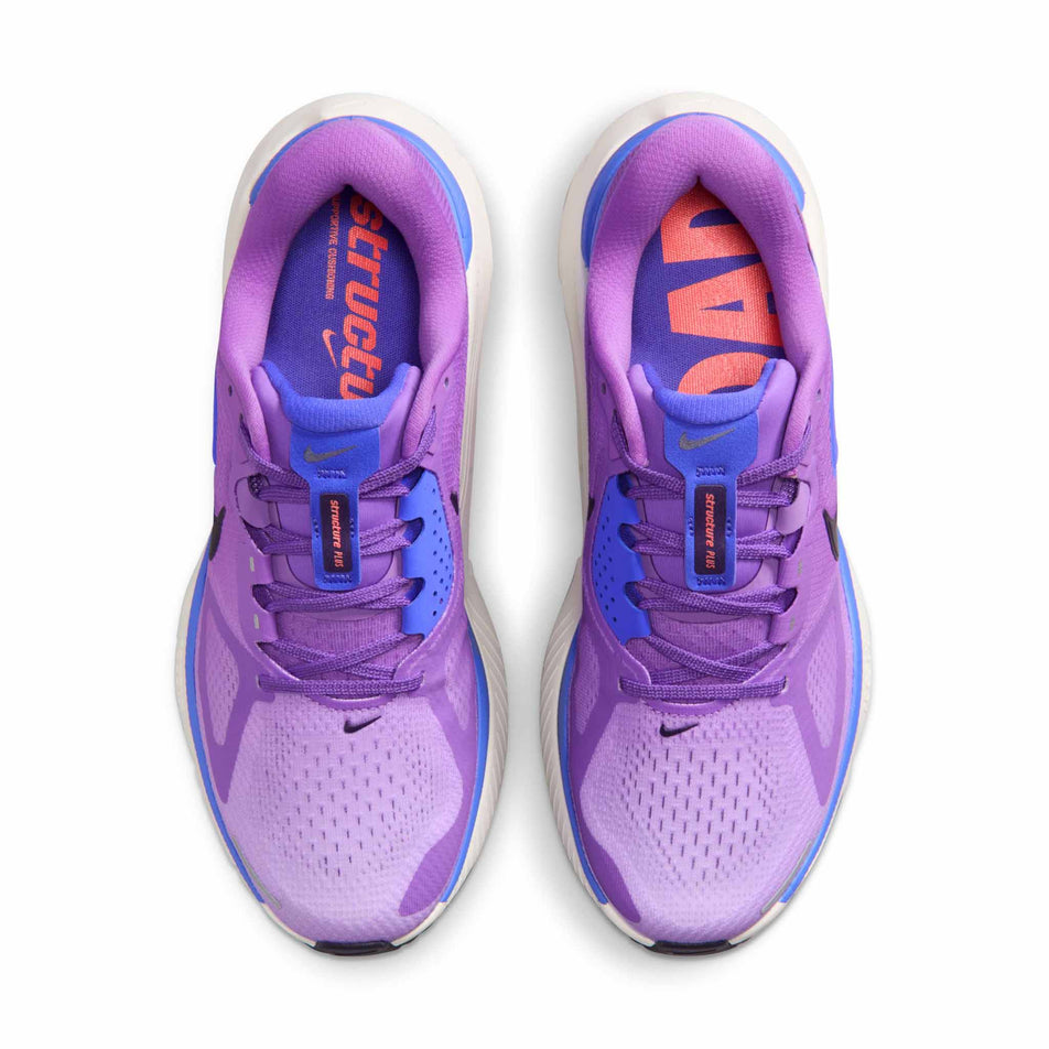 The uppers of a pair of Nike Women's Structure Plus Road Running Shoes in the Bright Violet/Purple Dynasty-Violet Mist colourway.