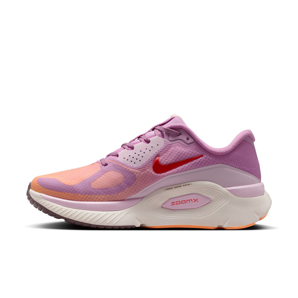 Medial view of the right shoe from a pair of Nike Women's Structure Plus Road Running Shoes in the Light Magenta/Tattoo-Orange Pulse-Pink Foam colourway.
