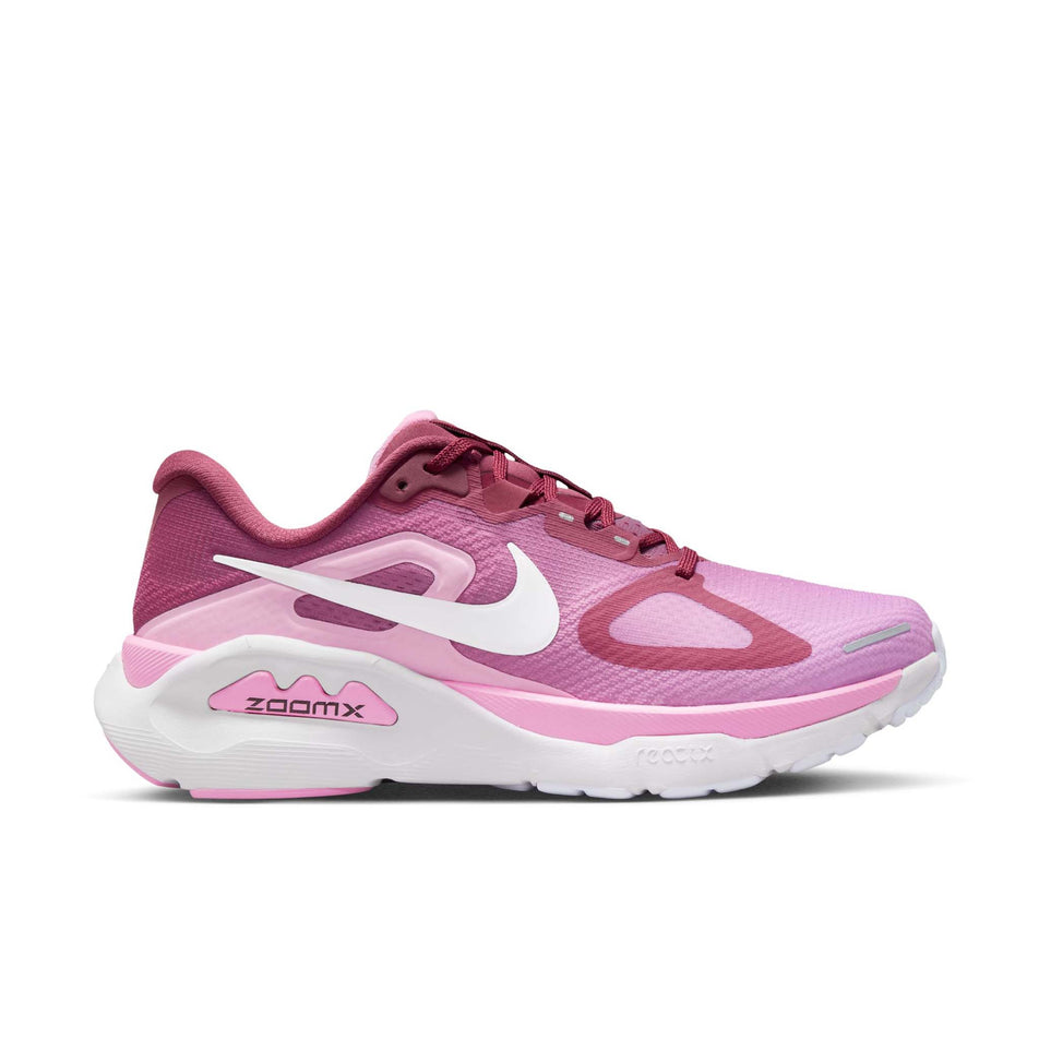 Lateral view of the right shoe from a pair of Nike Women's Structure Plus Road Running Shoes in the Pink Smoke/White-Pink Rise-Light Magenta colourway.
