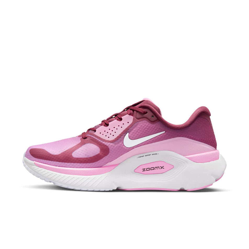 Medial view of the right shoe from a pair of Nike Women's Structure Plus Road Running Shoes in the Pink Smoke/White-Pink Rise-Light Magenta colourway.